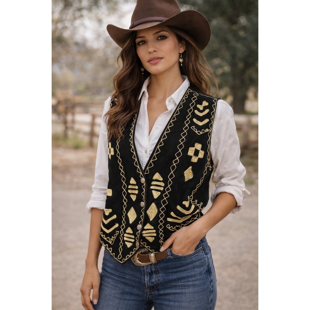 Cheyenne Autumn Womens Black Suede‎ Leather Embroidered Western Boho Vest Large